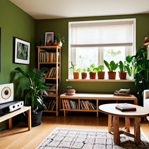 **

"A cozy living room filled with personal art: framed photos, children's drawings, travel postcards arranged on walls and shelves. Soft, indirect lighting creates depth and shadows, highlighting lush green plants. An aroma diffuser emits a gentle fragrance. The color palette is warm and inviting, utilizing 'ton-on-ton' color scheme. A record player sits in the corner, subtly indicating music, creating a sense of home and relaxation. Natural lighting, indoor plants."

**