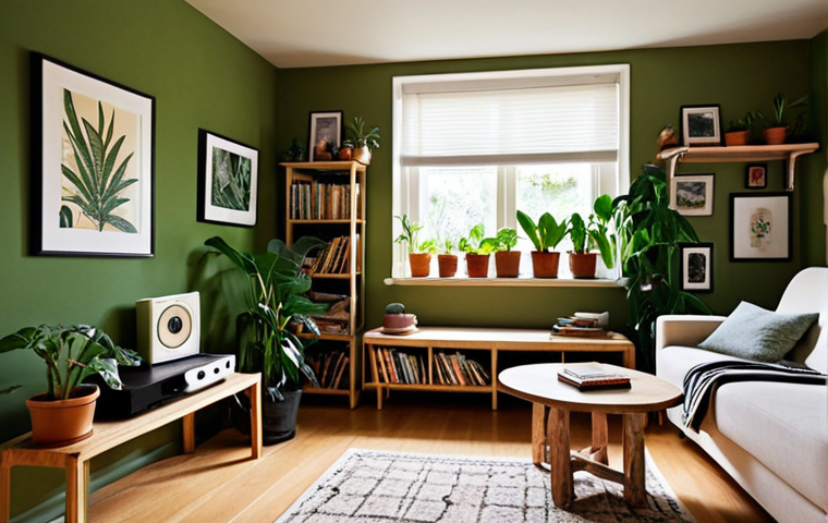 **
"A cozy living room filled with personal art: framed photos, children's drawings, travel postcards arranged on walls and shelves. Soft, indirect lighting creates depth and shadows, highlighting lush green plants. An aroma diffuser emits a gentle fragrance. The color palette is warm and inviting, utilizing 'ton-on-ton' color scheme. A record player sits in the corner, subtly indicating music, creating a sense of home and relaxation. Natural lighting, indoor plants."
**